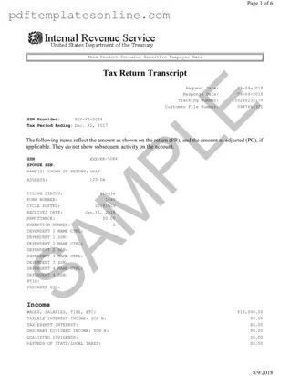 Blank Sample Tax Return Transcript Form