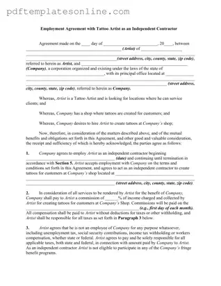 Blank Tattoo Shop Artist Agreement Form