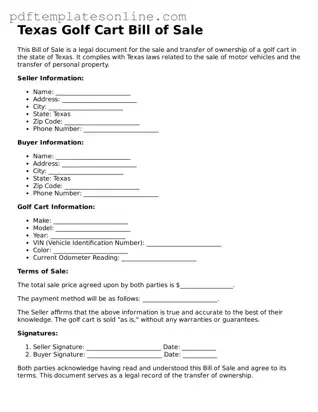 Official Texas Golf Cart Bill of Sale Document