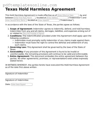 Official Texas Hold Harmless Agreement Document