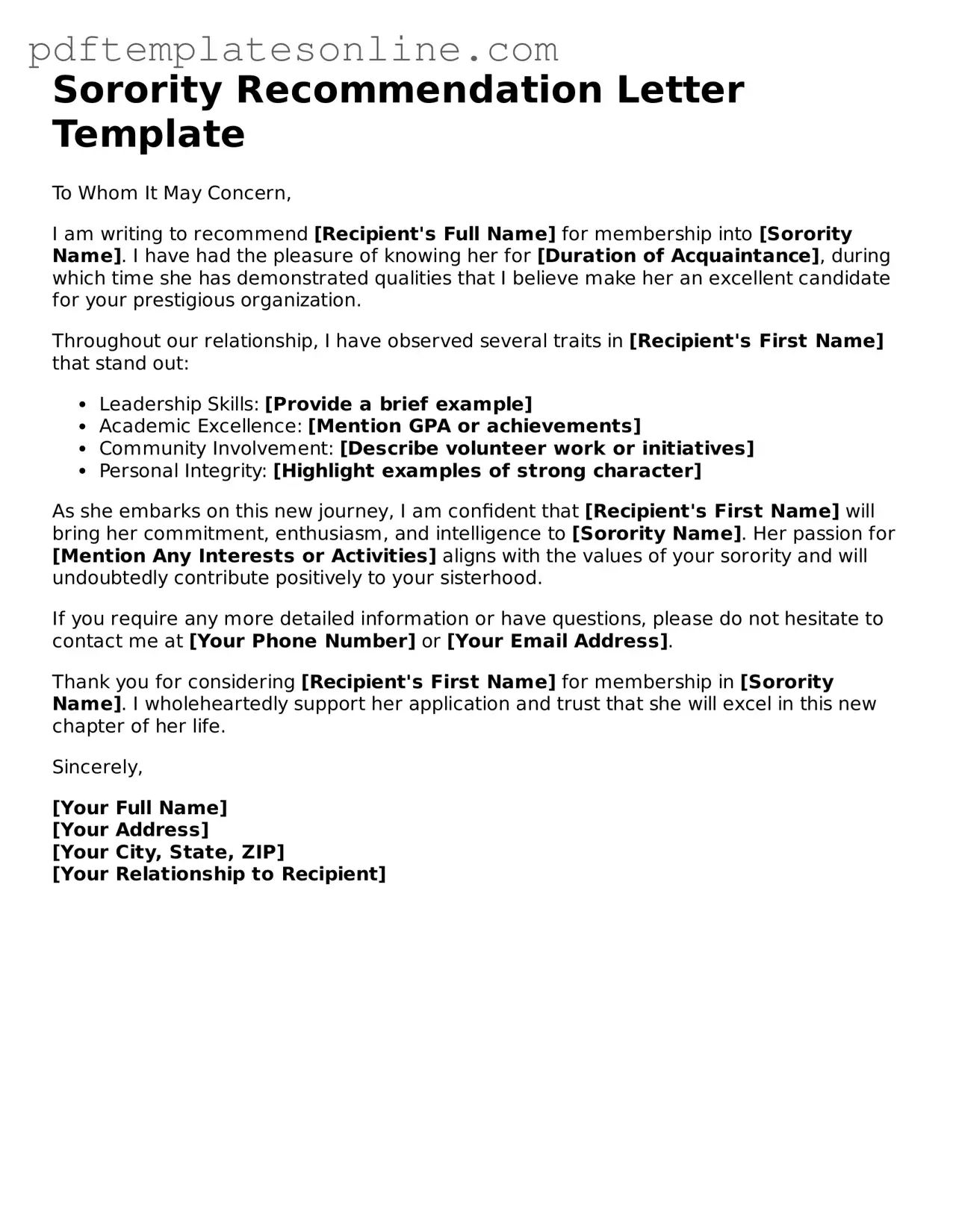 Fillable Sorority Recommendation Letter Document