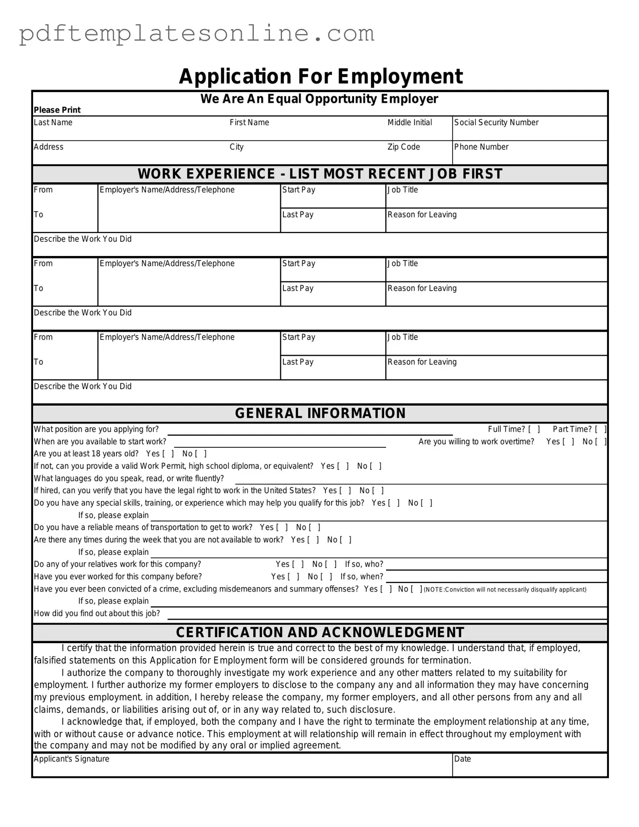 Blank Spanish Application Employment Form