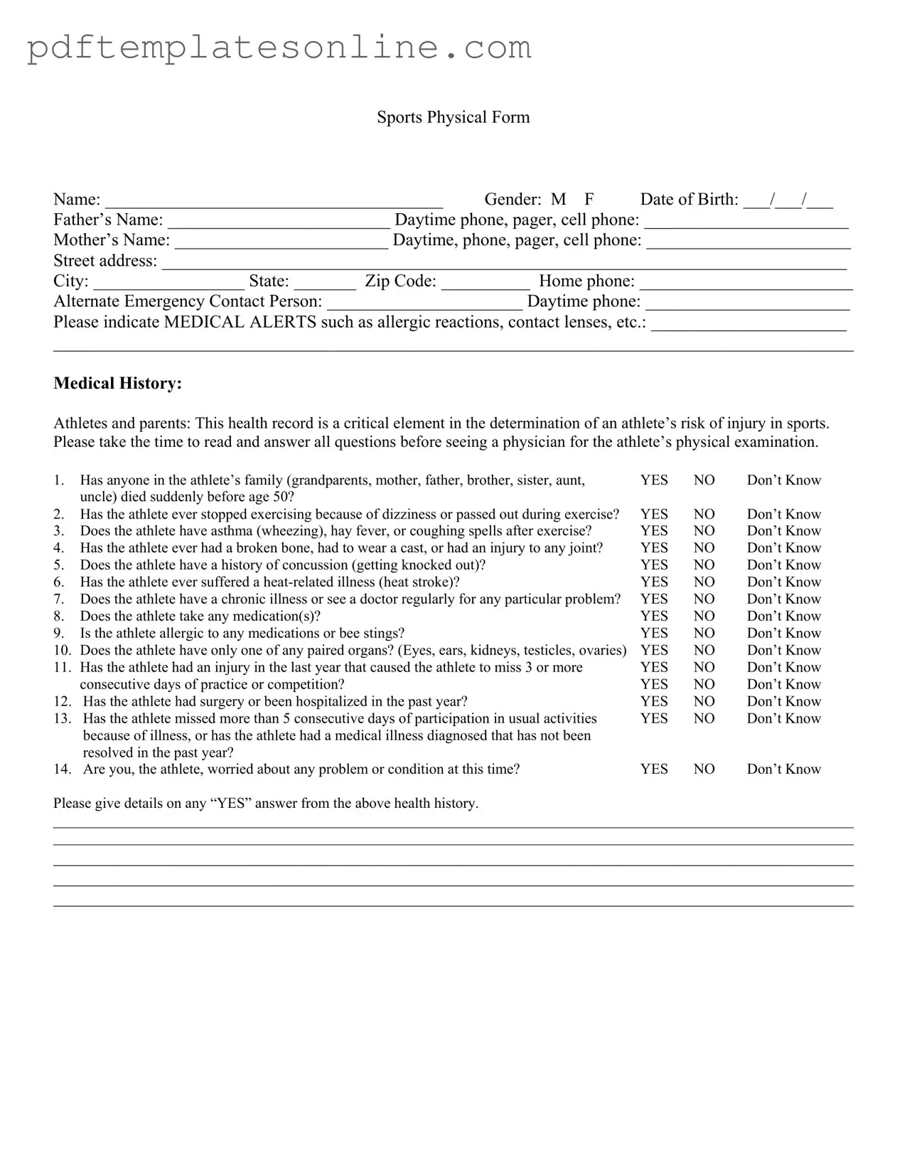 Blank Sports Physical Form
