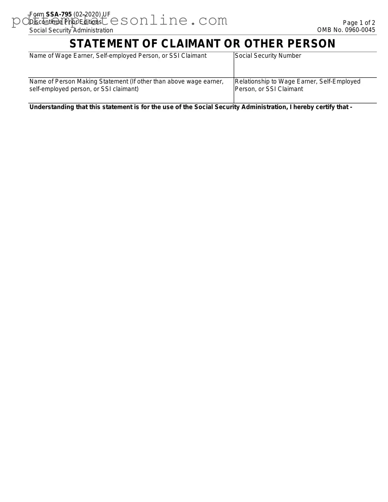 Blank SSA SSA-795 Form