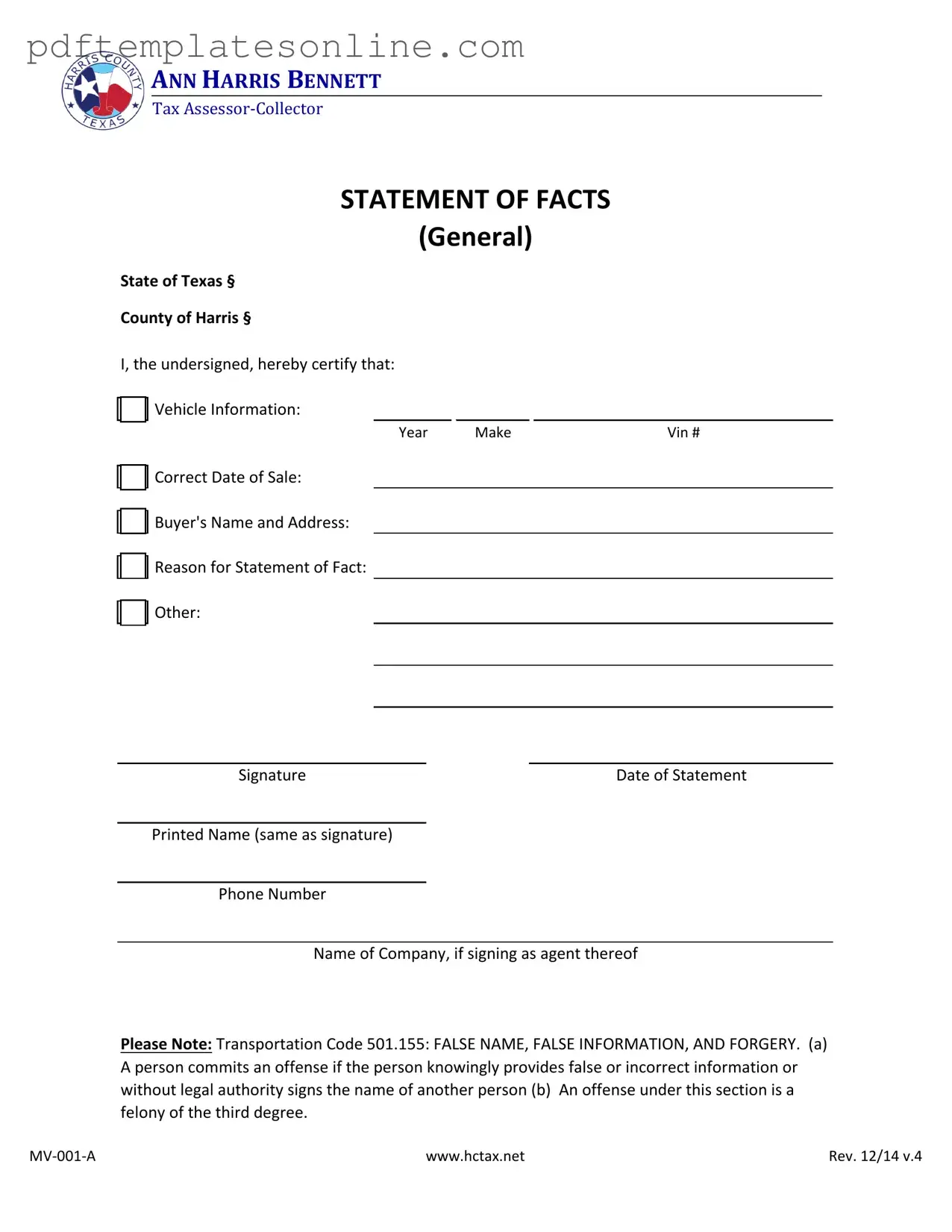 Blank Statement Of Fact Texas Form