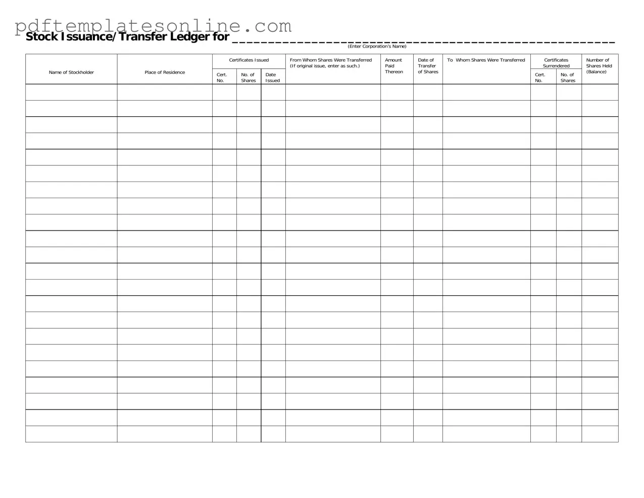 Blank Stock Transfer Ledger Form