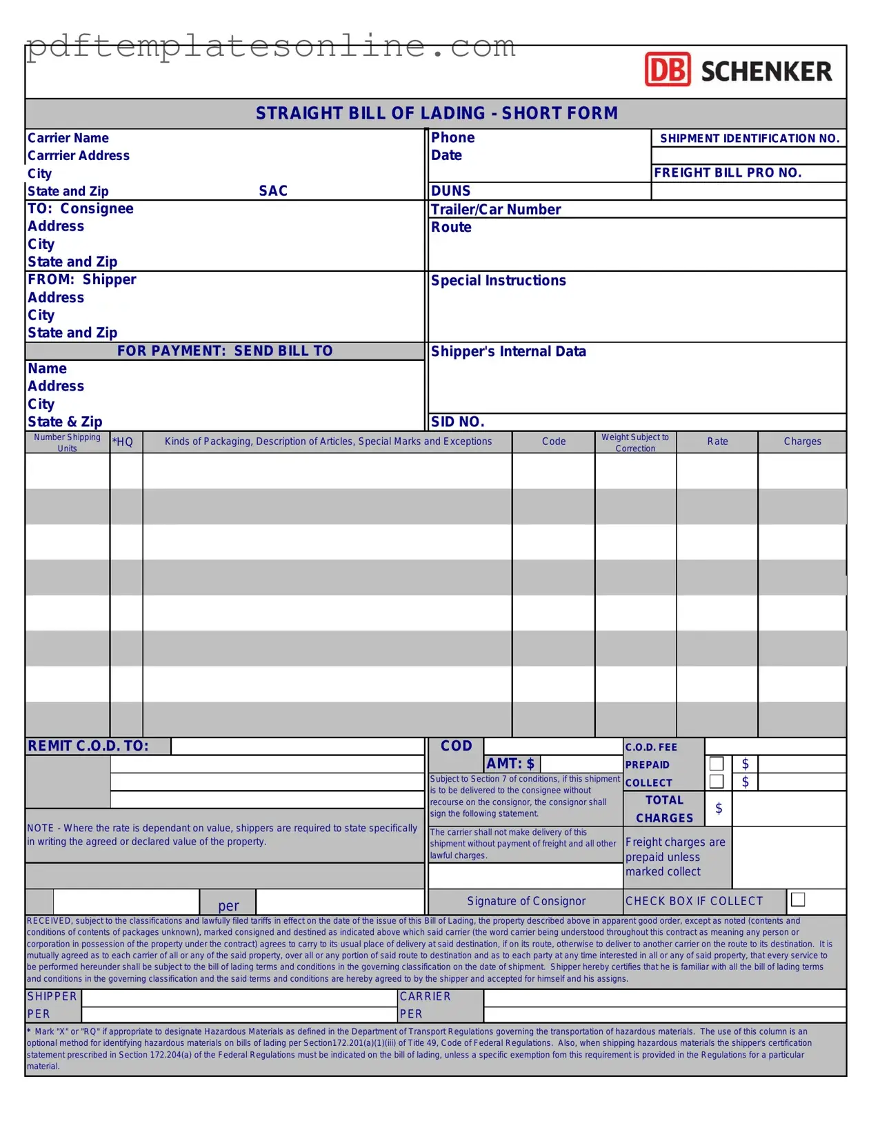 Blank Straight Bill Of Lading Form