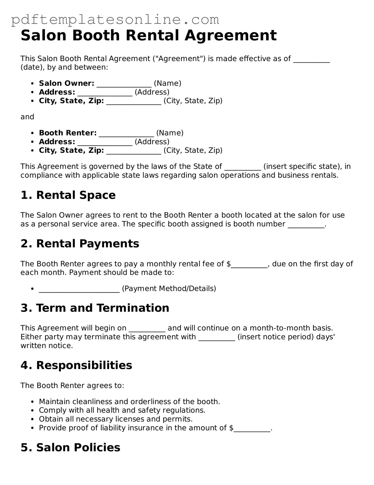 Fillable Salon Booth Rental Agreement Document
