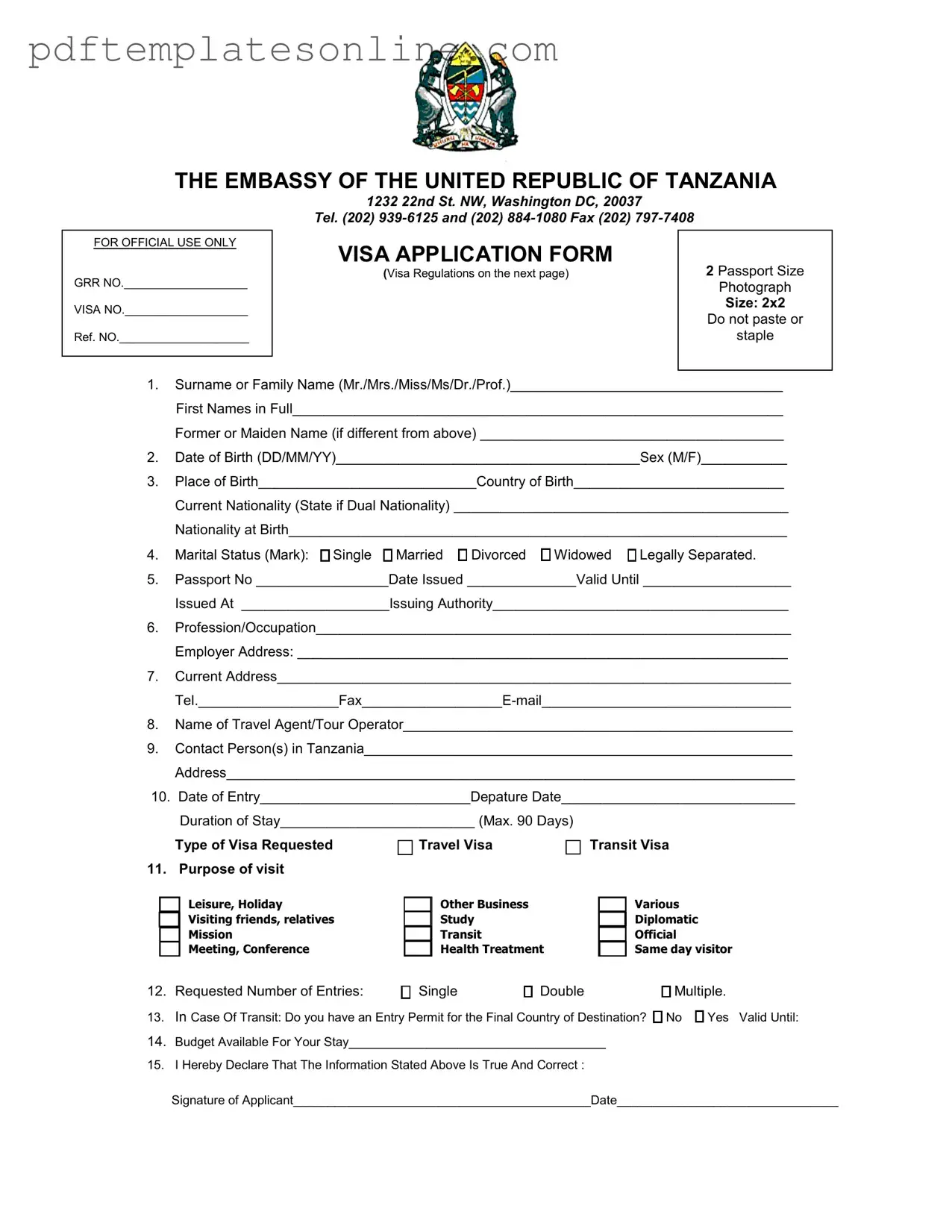 Blank Tanzania Visa Applicaiton Form