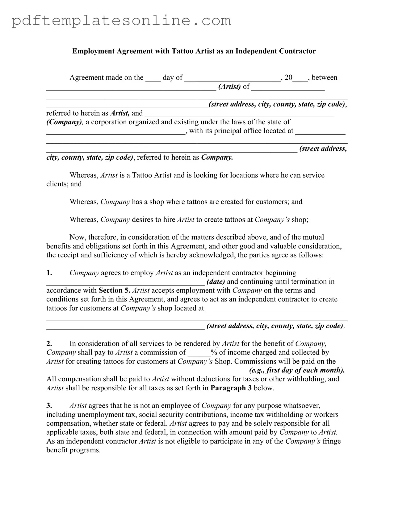 Blank Tattoo Shop Artist Agreement Form