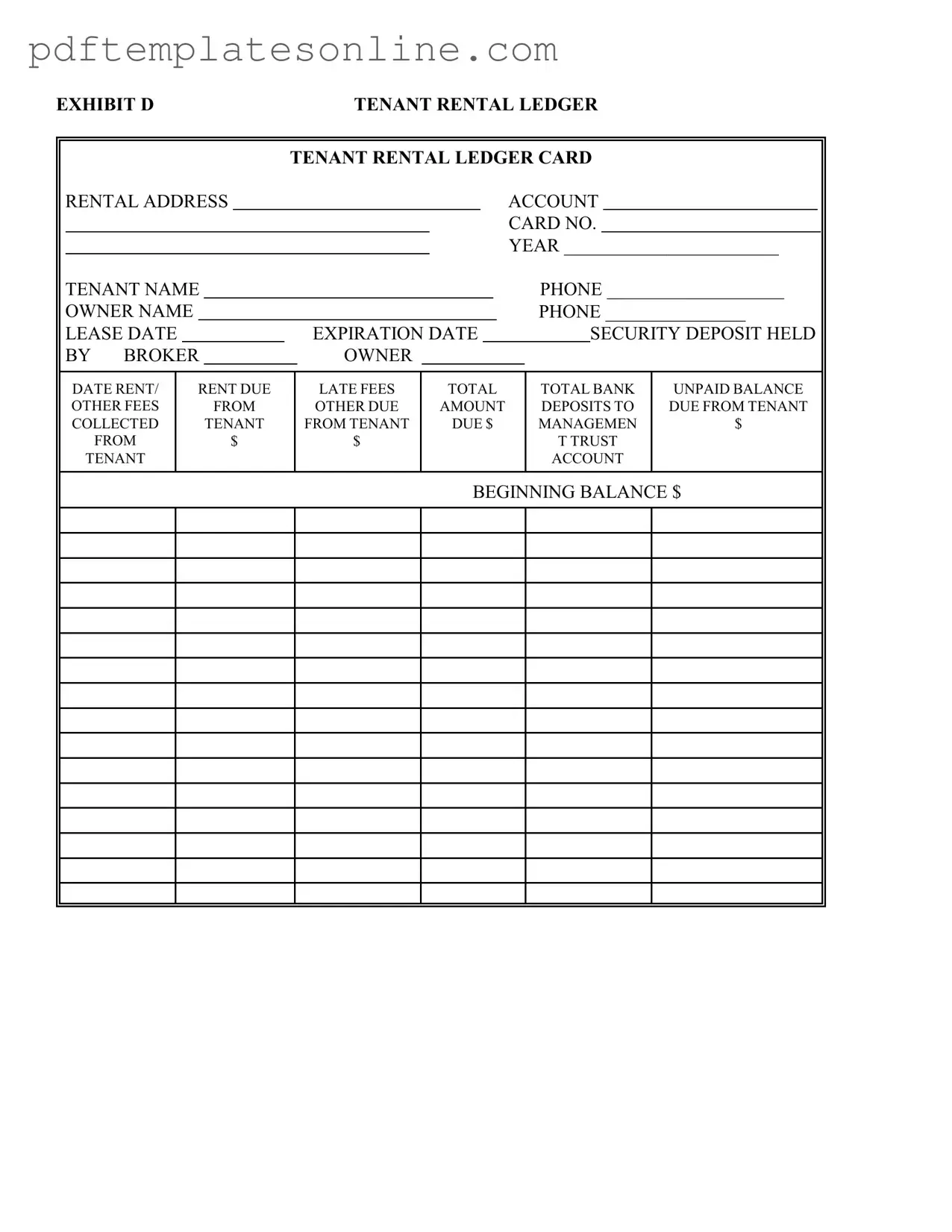 Blank Tenant Ledger Card Form