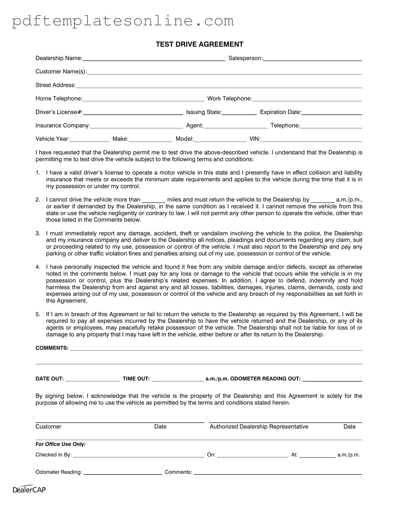 Blank Test Drive Form