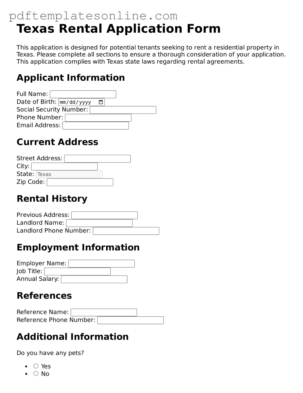 Official Texas Rental Application Document