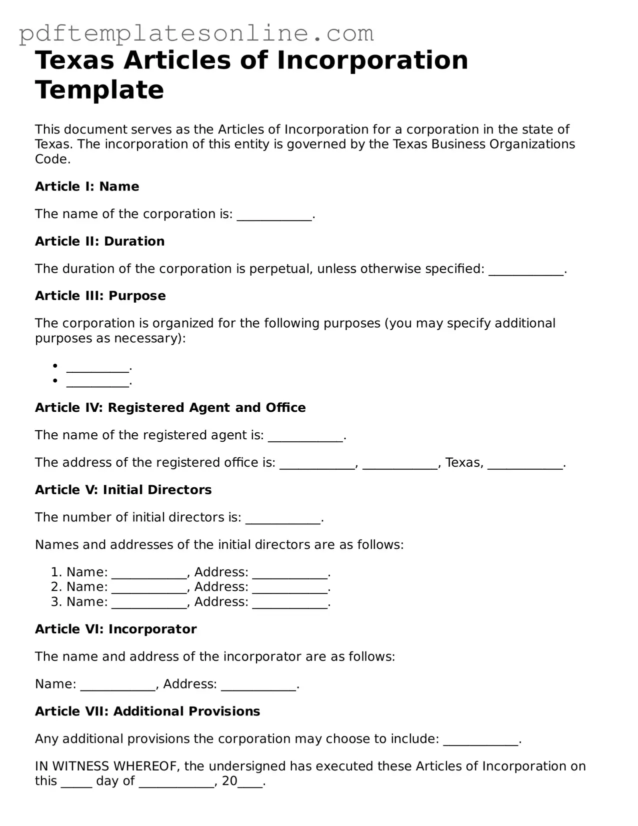 Official Texas Articles of Incorporation Document