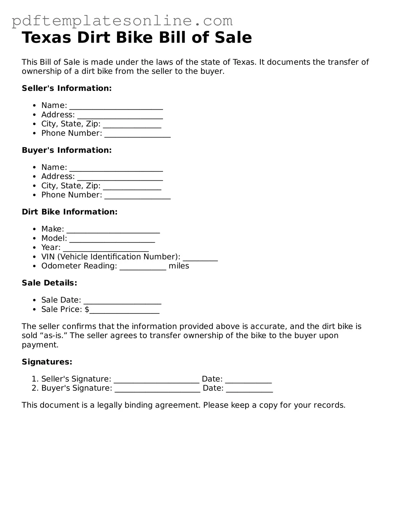 Official Texas Dirt Bike Bill of Sale Document