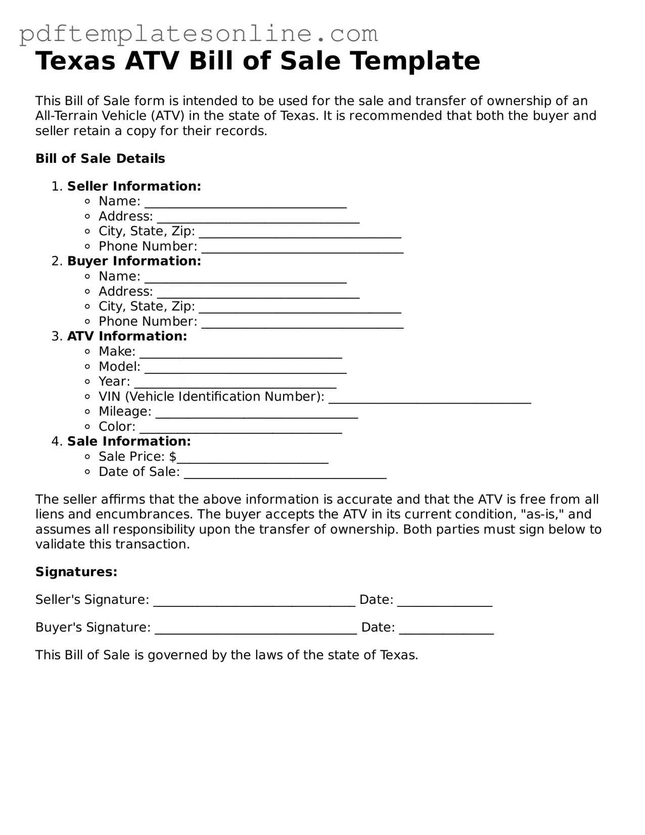 Official Texas ATV Bill of Sale Document