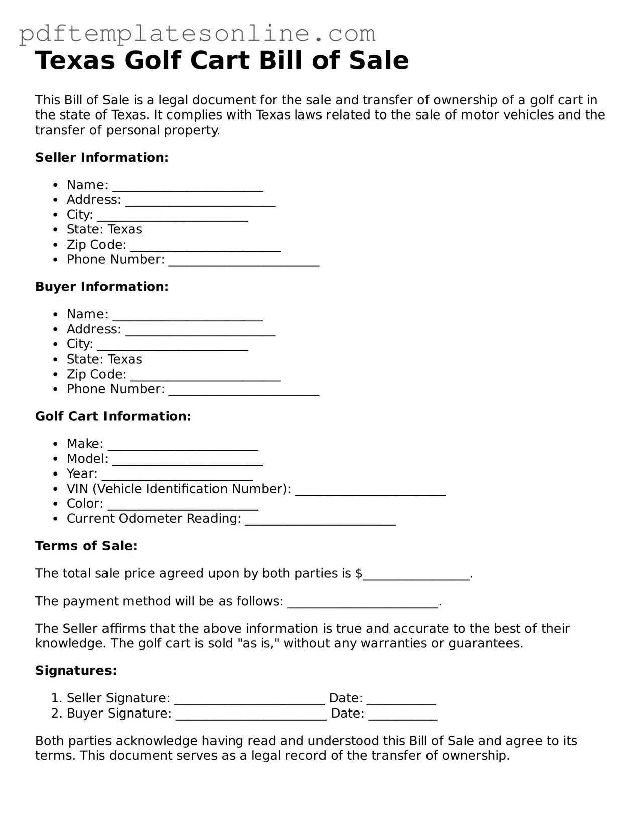 Official Texas Golf Cart Bill of Sale Document