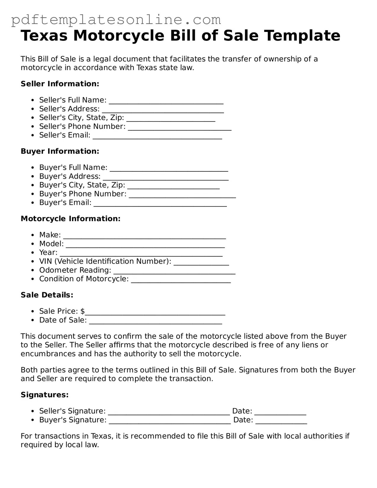Official Texas Motorcycle Bill of Sale Document