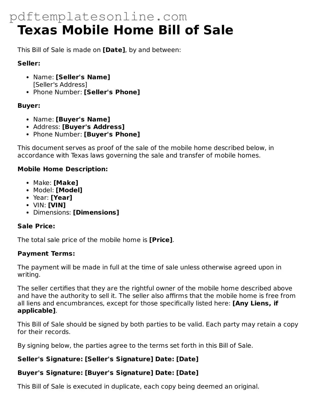 Official Texas Mobile Home Bill of Sale Document