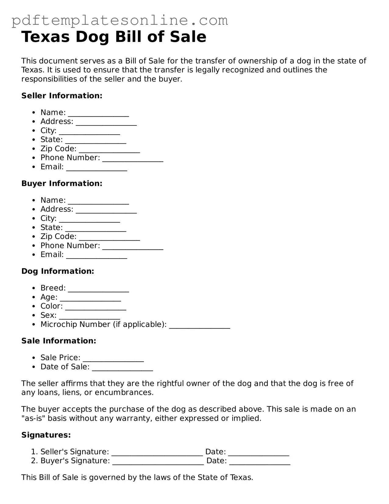 Official Texas Dog Bill of Sale Document