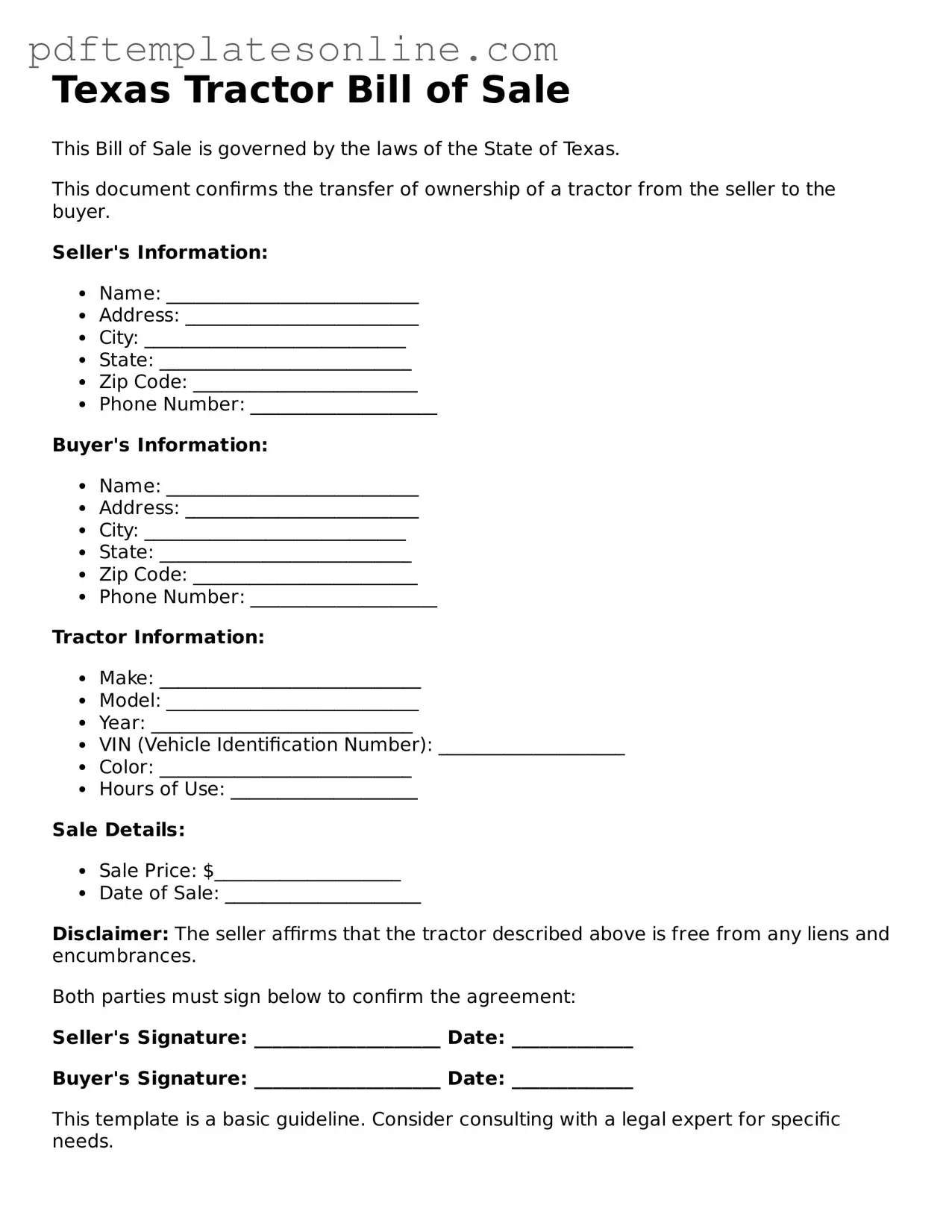 Official Texas Tractor Bill of Sale Document