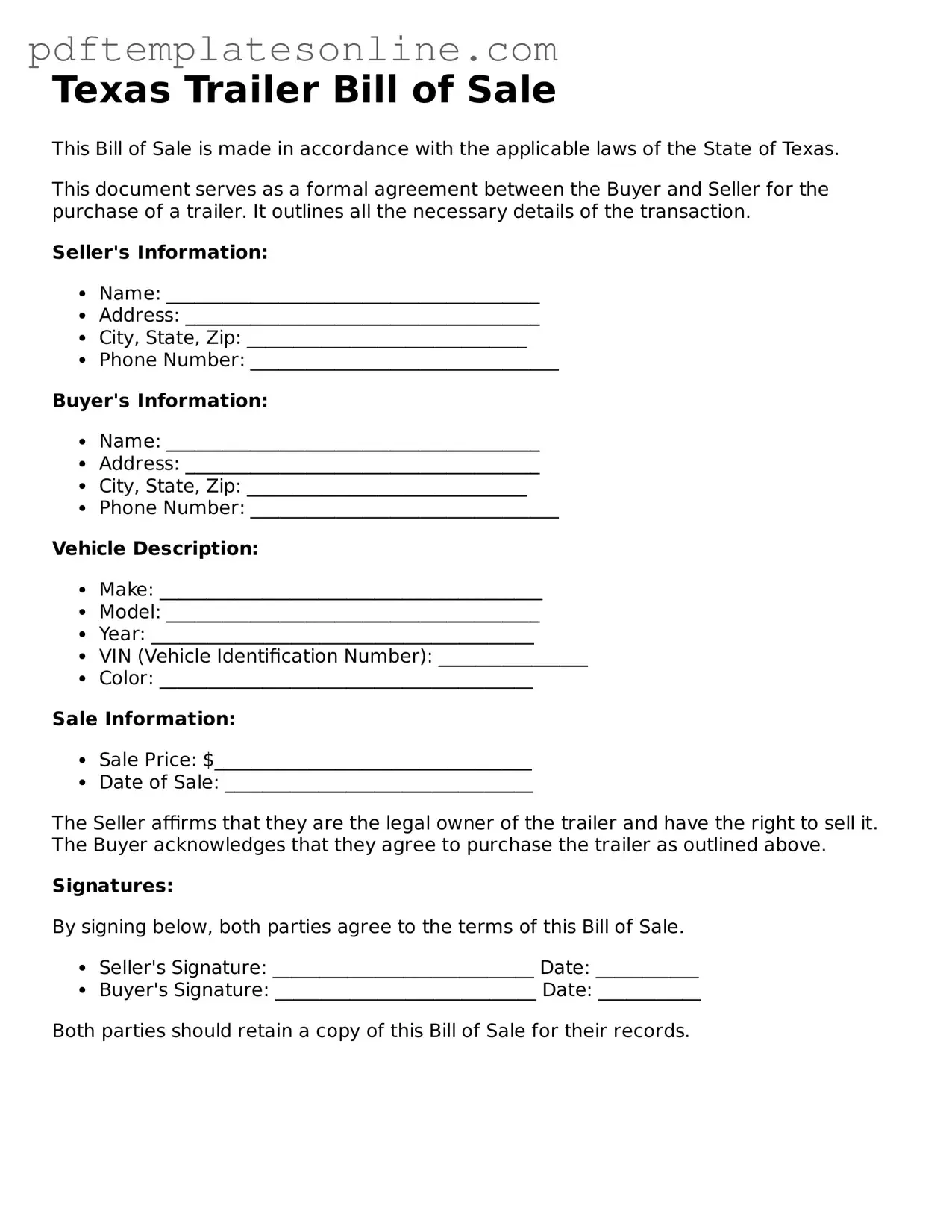 Official Texas Trailer Bill of Sale Document
