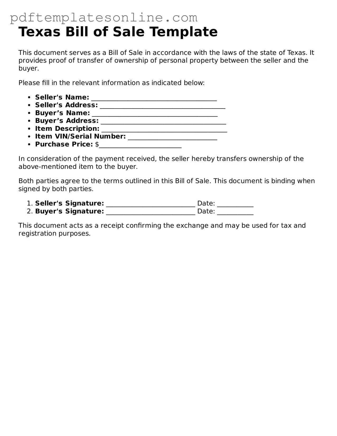 Official Texas Bill of Sale Document