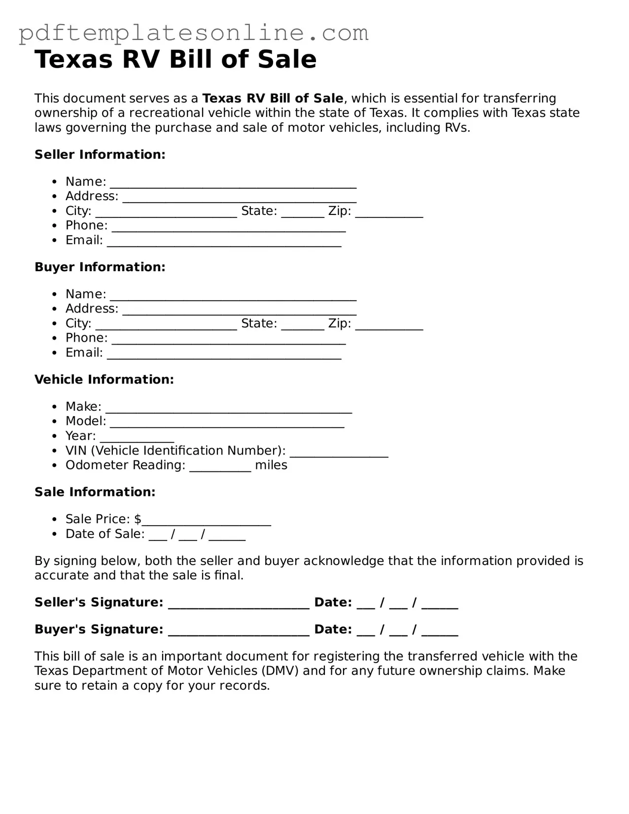 Official Texas RV Bill of Sale Document
