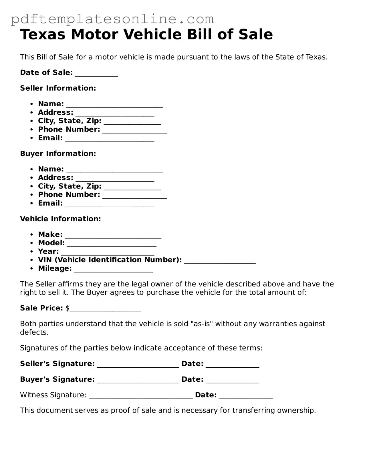 Official Texas Motor Vehicle Bill of Sale Document