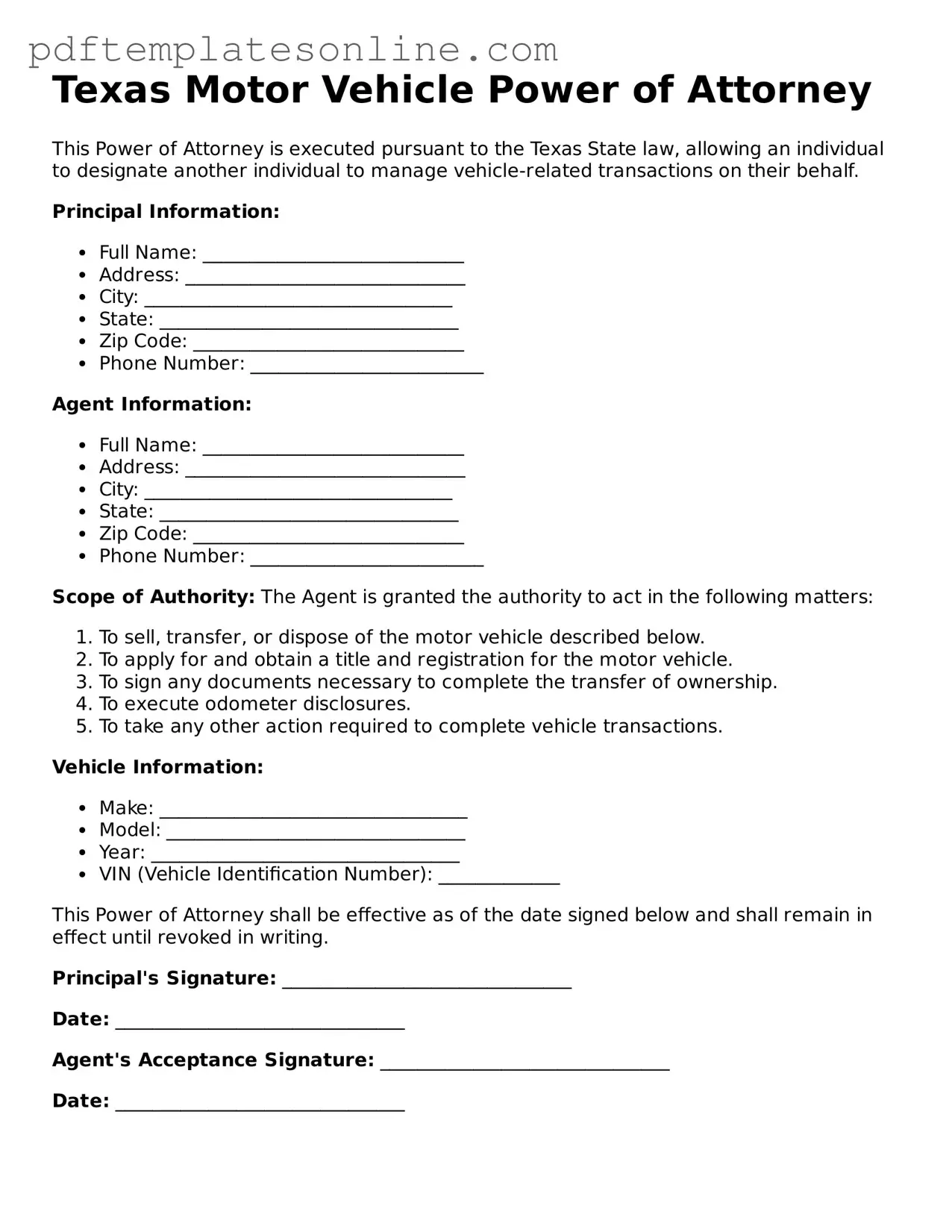 Official Texas Motor Vehicle Power of Attorney Document