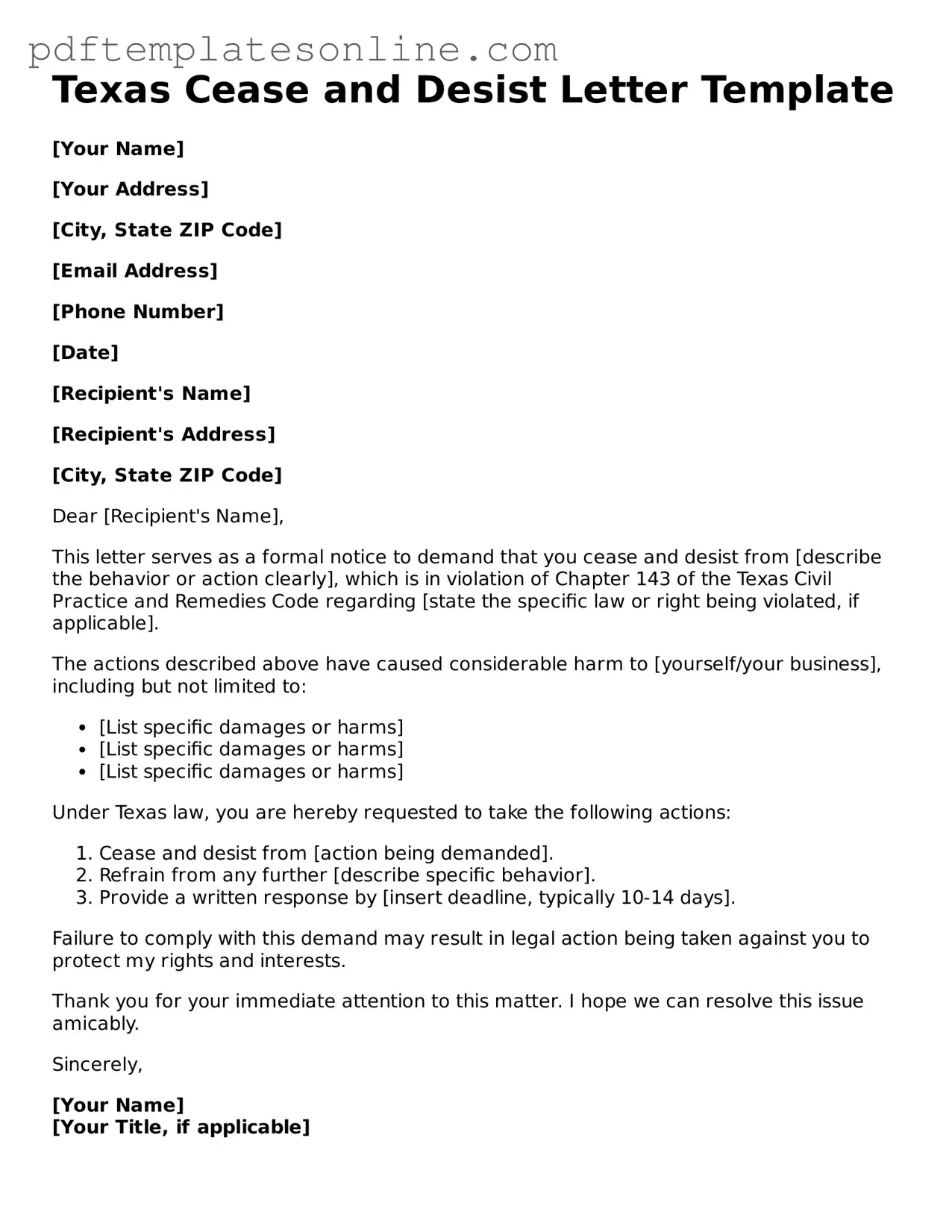 Official Texas Cease and Desist Letter Document