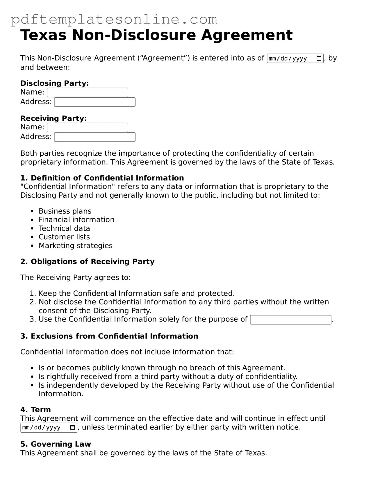 Official Texas Non-disclosure Agreement Document