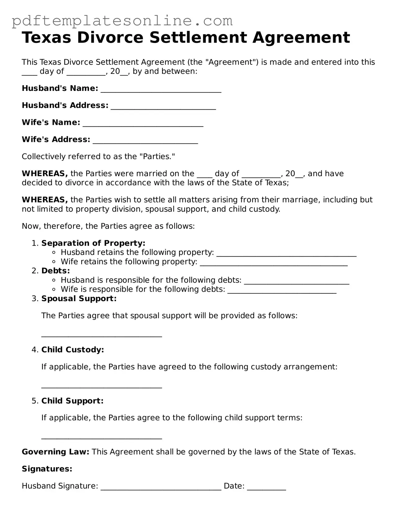 Official Texas Divorce Settlement Agreement Document