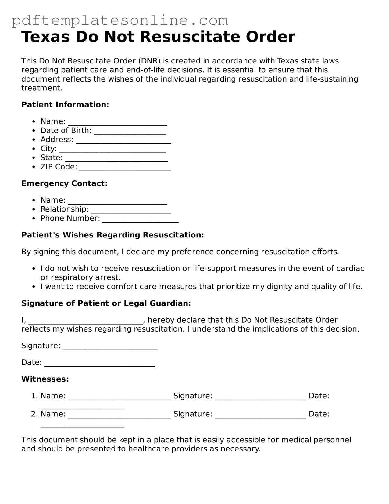 Official Texas Do Not Resuscitate Order Document