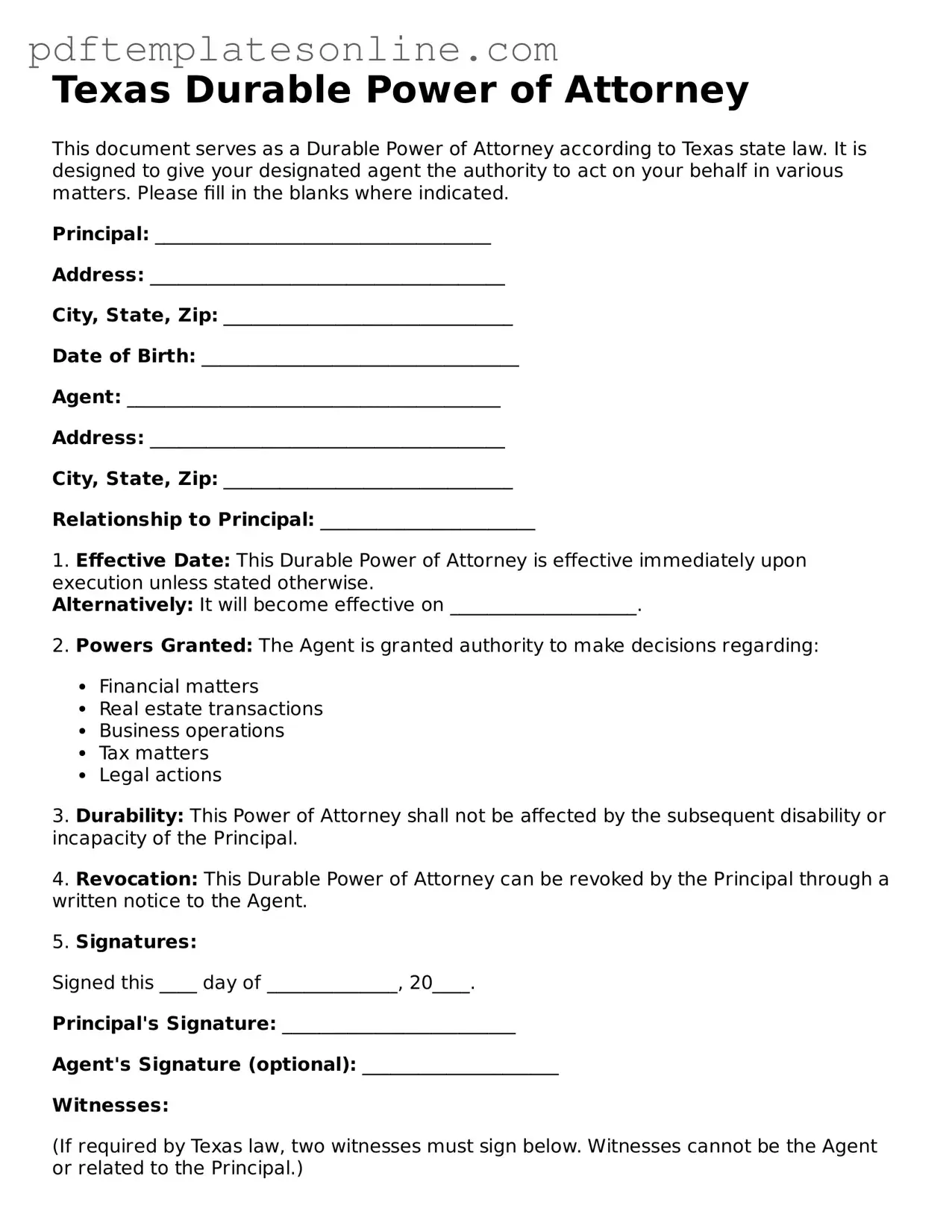 Official Texas Durable Power of Attorney Document