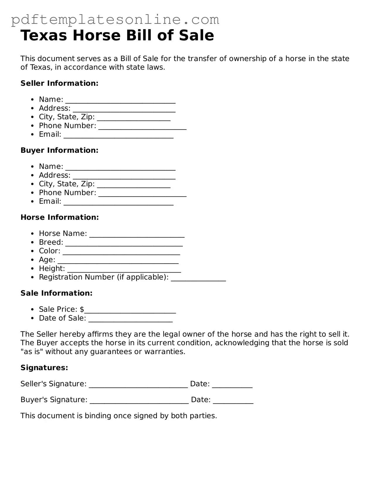 Official Texas Horse Bill of Sale Document