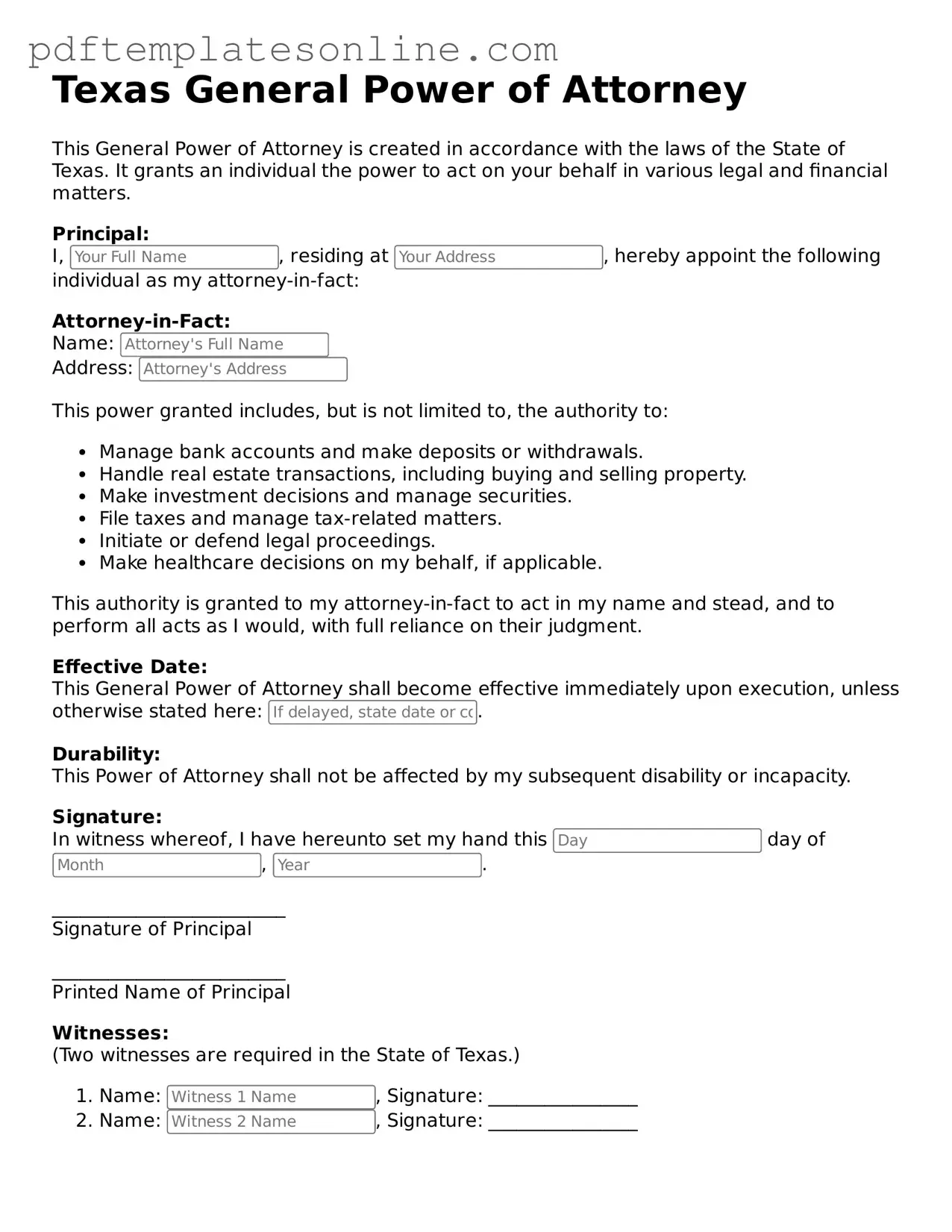 Official Texas General Power of Attorney Document