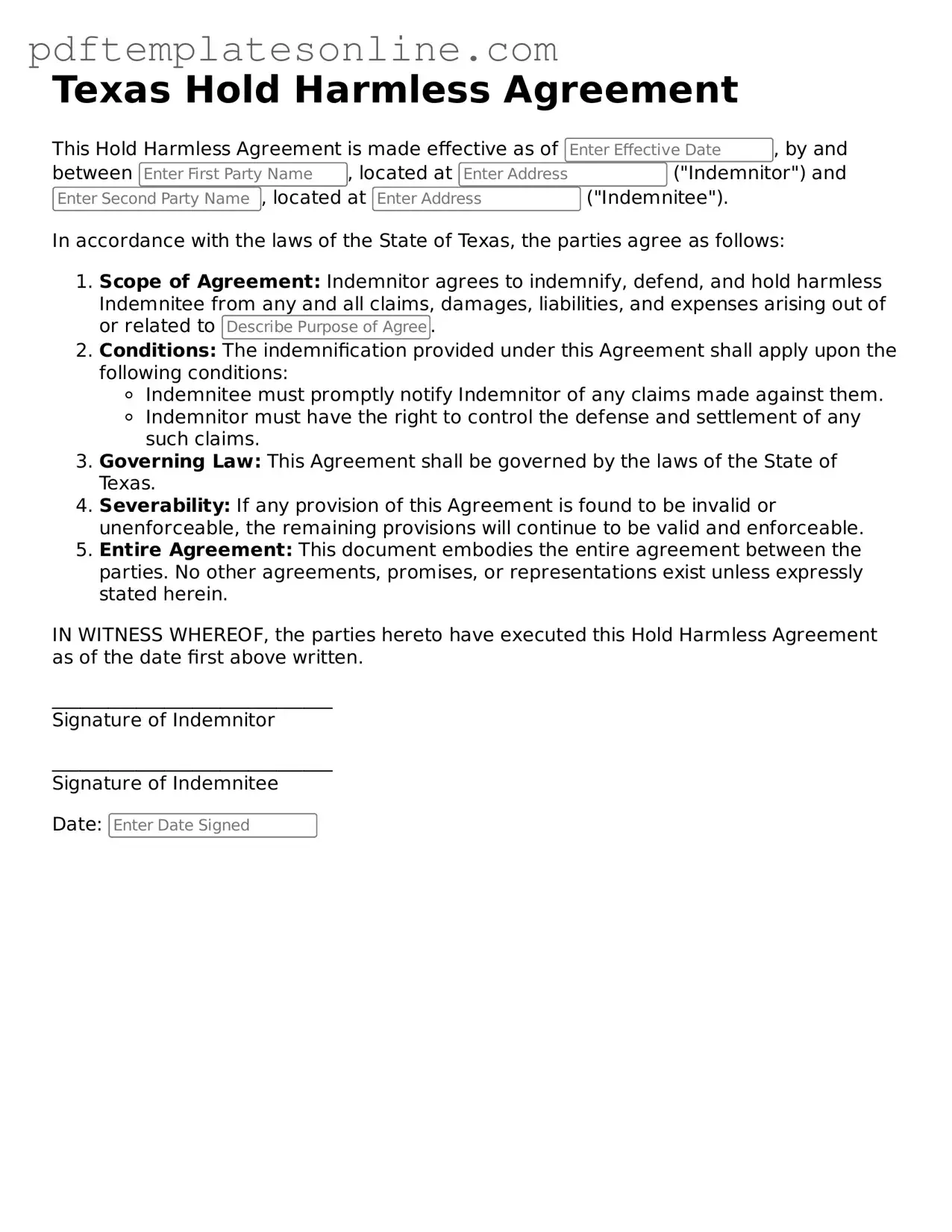 Official Texas Hold Harmless Agreement Document