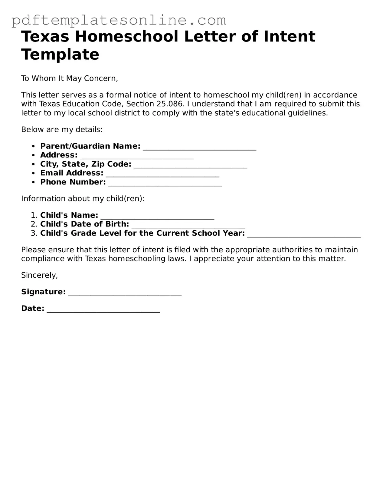 Official Texas Homeschool Letter of Intent Document