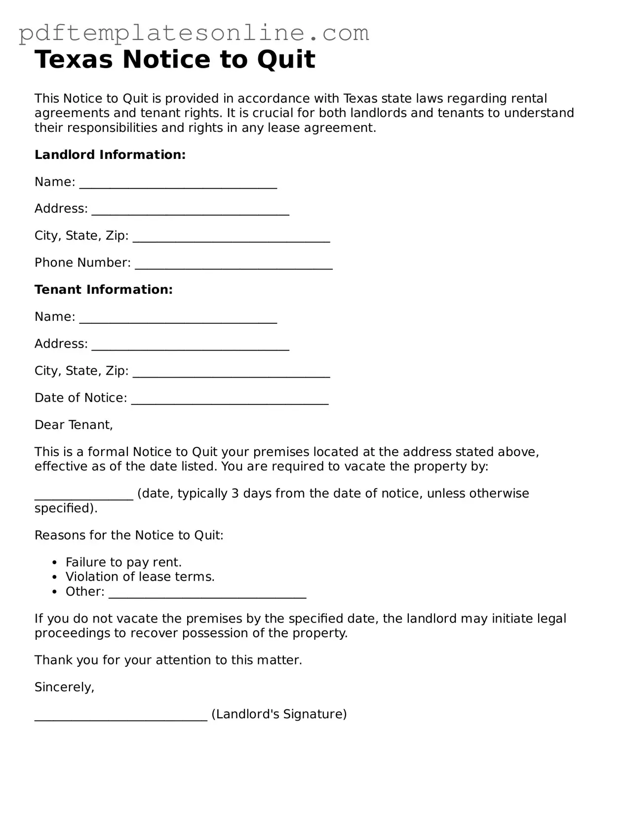 Official Texas Notice to Quit Document
