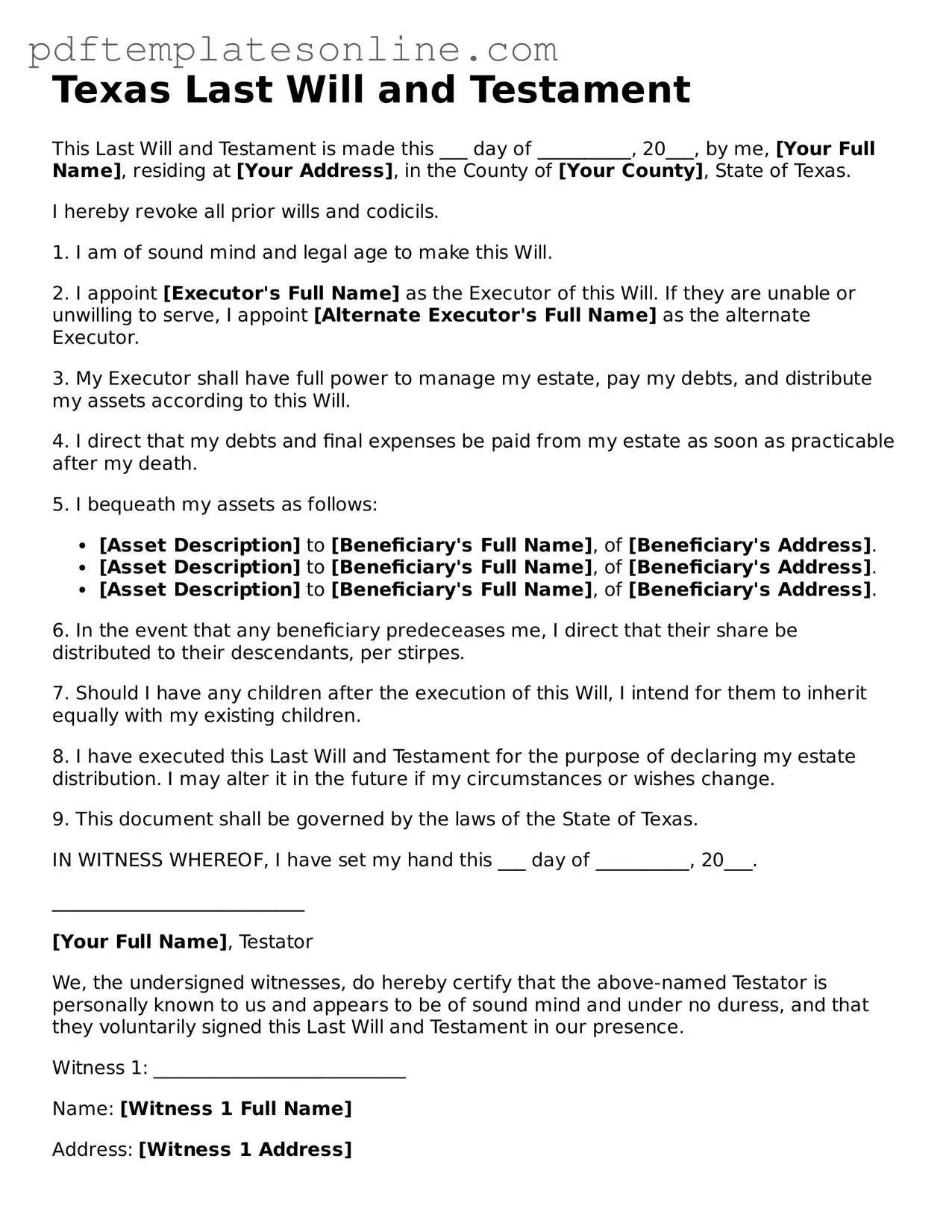 Official Texas Last Will and Testament Document