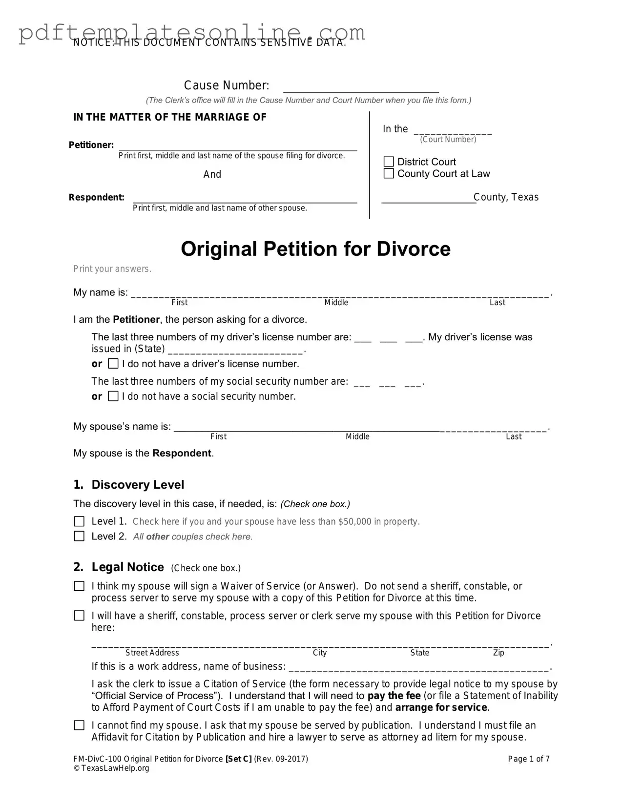 Blank Texas Law Help FM-DivC-100 Original Petition for Divorce Set C Form