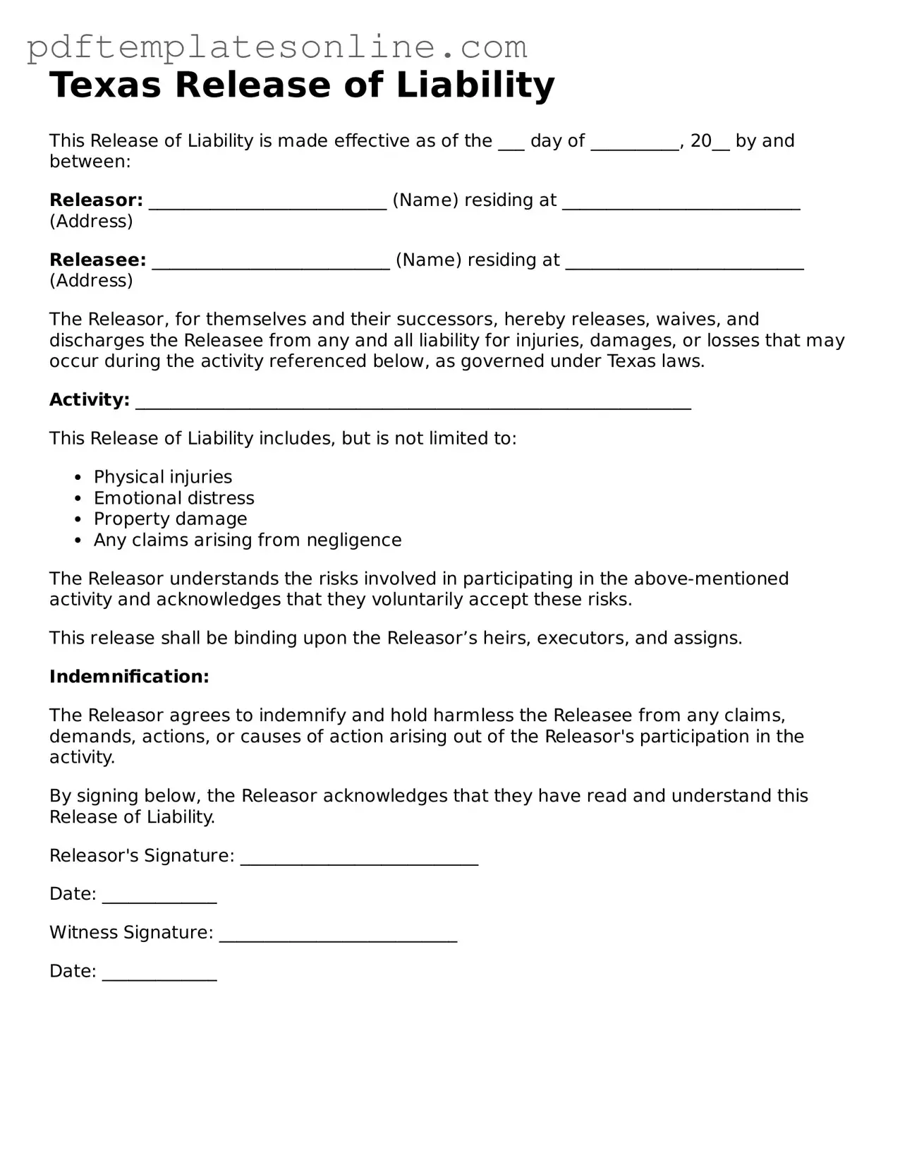 Official Texas Release of Liability Document