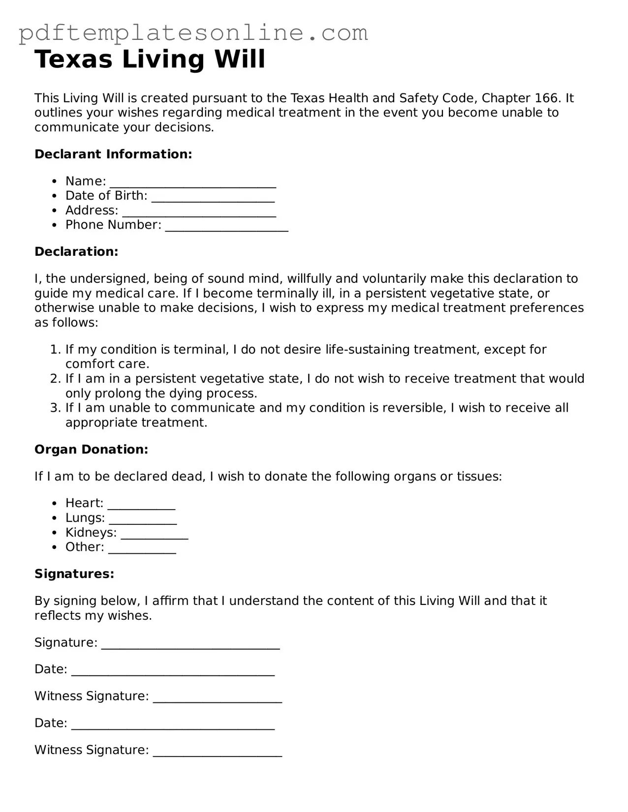 Official Texas Living Will Document