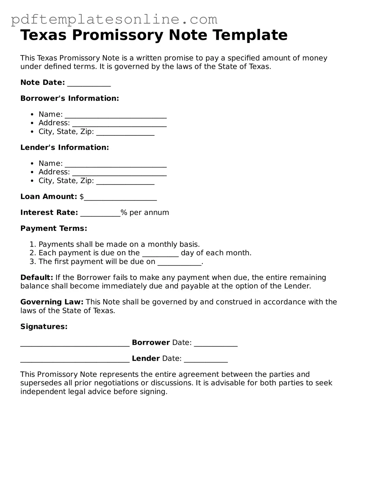 Official Texas Promissory Note Document