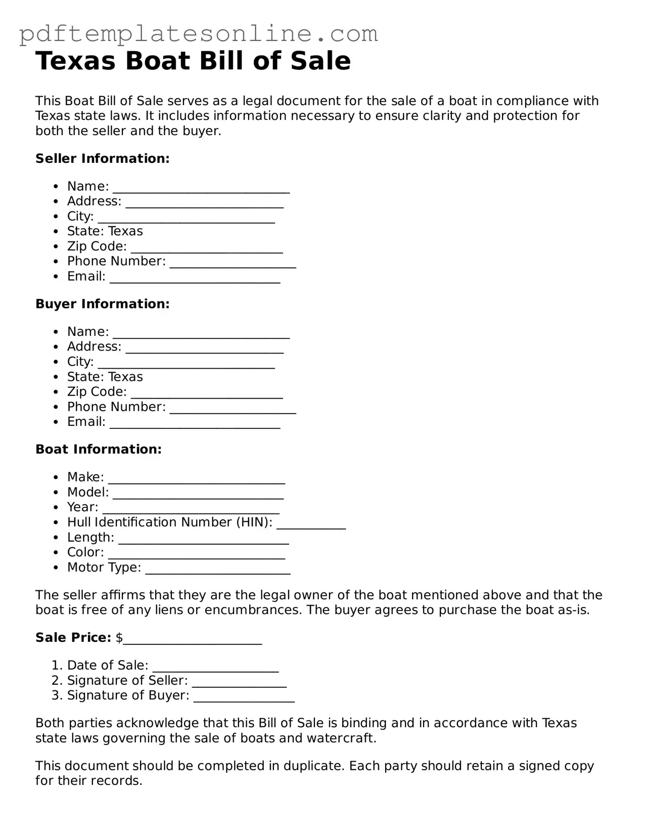 Official Texas Boat Bill of Sale Document