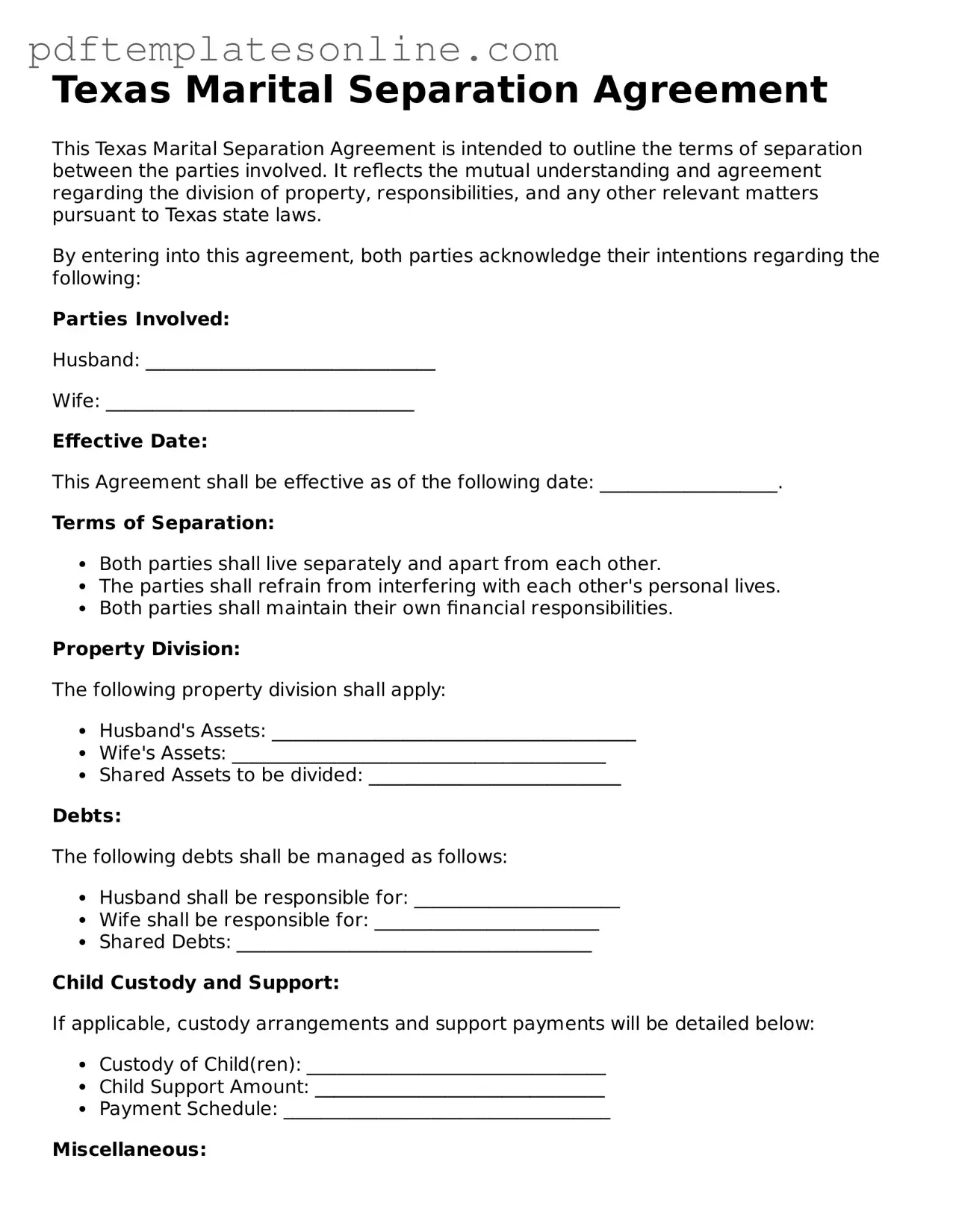 Official Texas Marital Separation Agreement Document