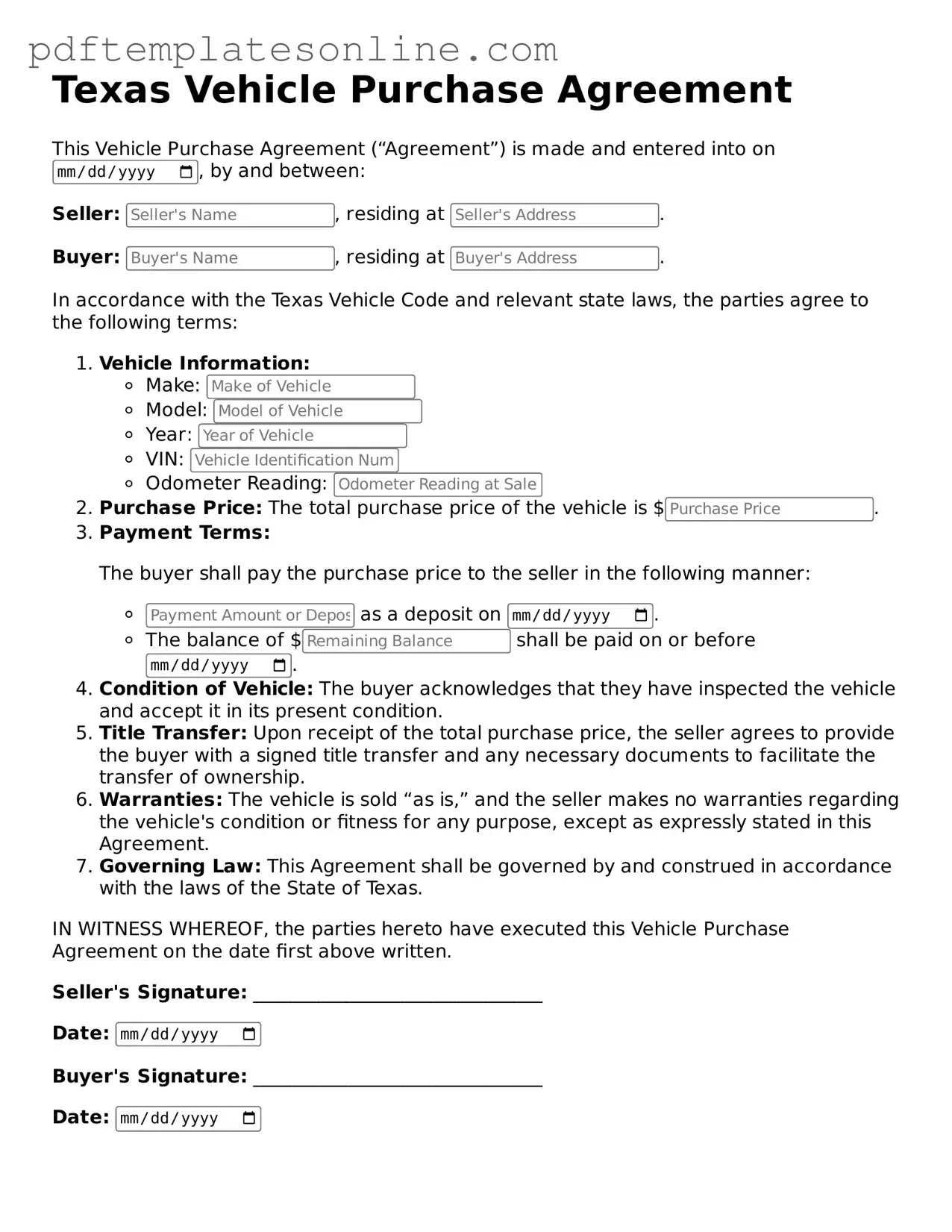 Official Texas Vehicle Purchase Agreement Document