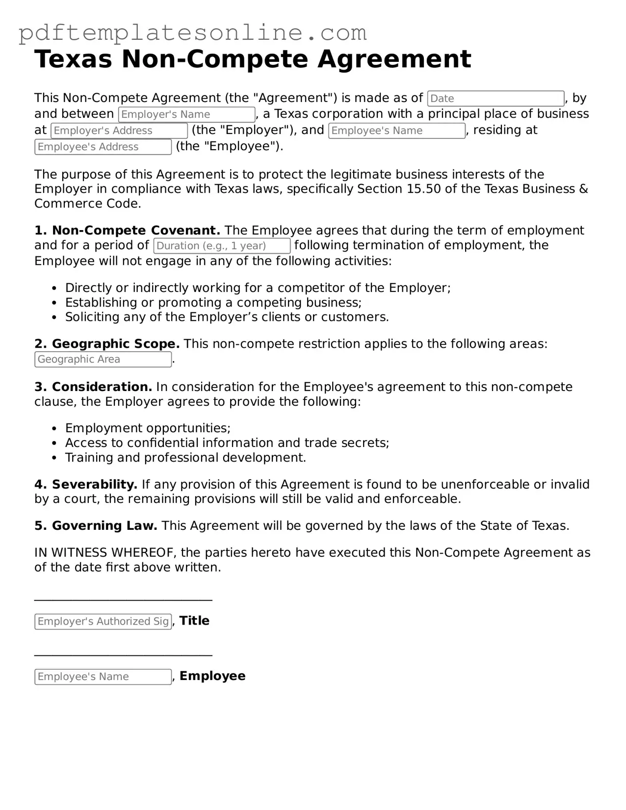 Official Texas Non-compete Agreement Document