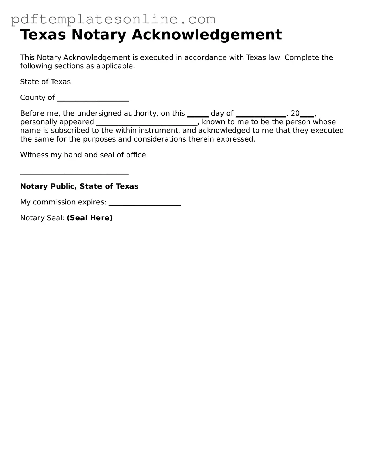 Official Texas Notary Acknowledgement Document